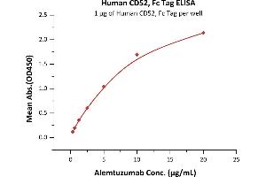 Immobilized Human CD52, Fc Tag (ABIN5954986,ABIN6253630) at 10 μg/mL (100 μL/well) can bind Alemtuzumab with a linear range of 0.