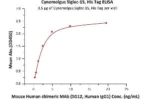Immobilized Cynomolgus Siglec-15, His Tag (ABIN6731344,ABIN6809873) at 5 μg/mL (100 μL/well) can bind Mouse Human chimeric MAb (5G12, Human IgG1) with a linear range of 0.
