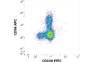 Flow cytometry multicolor surface staining of human lymphocytes stained using anti-human CD100 (133-1C6) FITC antibody (4 μL reagent / 100 μL of peripheral whole blood) and anti-human CD56 (LT56) APC antibody (10 μL reagent / 100 μL of peripheral whole blood). (SEMA4D/CD100 Antikörper  (FITC))