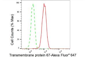 Flow cytometric analysis of Transmembrane protein 67 expression in HepG2 cells using Transmembrane protein 67 antibody (ABIN7800623), 1:2,000).
