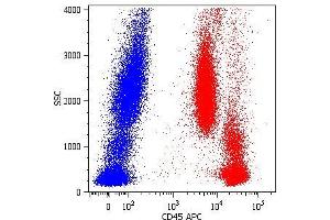 Surface staining of human peripheral blood cells with anti-human CD45 (MEM-28) APC.