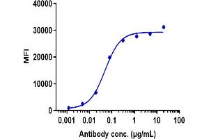 Human CSF2RB HEK293 cells were stained with Anti-CSF2Rb / CD131 Reference Antibody (CSL311) and negative control protein respectively, washed and then followed by PE and analyzed with FACS, EC50=0.