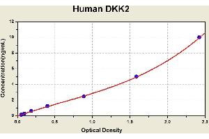 Diagramm of the ELISA kit to detect Human DKK2with the optical density on the x-axis and the concentration on the y-axis. (DKK2 ELISA Kit)