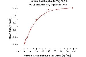 Immobilized Human IL-4, Tag Free (ABIN2181318,ABIN3071738) at 5 μg/mL (100 μL/well)can bind Human IL-4 R alpha, Fc Tag (ABIN6731257,ABIN6809937) with a linear range of 1-20 ng/mL (QC tested). (IL4 Receptor Protein (AA 26-232) (Fc Tag))