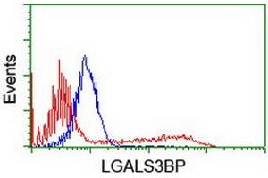 HEK293T cells transfected with either RC204918 overexpress plasmid (Red) or empty vector control plasmid (Blue) were immunostained by anti-LGALS3BP antibody (ABIN2454973), and then analyzed by flow cytometry. (LGALS3BP Antikörper  (AA 19-300))