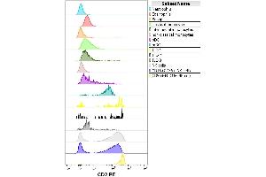 Flow cytometry surface staining pattern of human peripheral whole blood stained using anti-human CD2 (LT2) PE antibody (20 μL reagent / 100 μL of peripheral whole blood). (CD2 Antikörper  (PE))