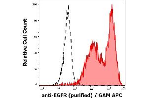 Separation of A-431 cells (red-filled) from SP2 cells (black-dashed) in flow cytometry analysis (surface staining) of cell lines stained using anti-EGFR (EGFR1) purified antibody (concentration in sample 1 μg/mL) GAM APC. (EGFR Antikörper)