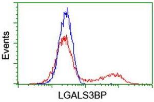 HEK293T cells transfected with either RC204918 overexpress plasmid (Red) or empty vector control plasmid (Blue) were immunostained by anti-LGALS3BP antibody (ABIN2454976), and then analyzed by flow cytometry. (LGALS3BP Antikörper)