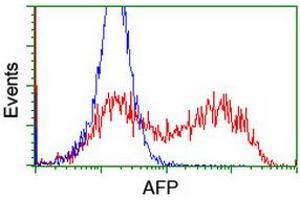 HEK293T cells transfected with either RC206622 overexpress plasmid (Red) or empty vector control plasmid (Blue) were immunostained by anti-AFP antibody (ABIN2454038), and then analyzed by flow cytometry. (alpha Fetoprotein Antikörper)