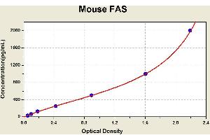 Diagramm of the ELISA kit to detect Mouse FASwith the optical density on the x-axis and the concentration on the y-axis.