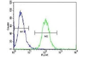 Aurora-A antibody flow cytometric analysis of HeLa cells (green) compared to a negative control (blue).