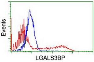 HEK293T cells transfected with either RC204918 overexpress plasmid (Red) or empty vector control plasmid (Blue) were immunostained by anti-LGALS3BP antibody (ABIN2454975), and then analyzed by flow cytometry. (LGALS3BP Antikörper  (AA 19-300))