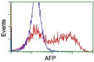 HEK293T cells transfected with either RC206622 overexpress plasmid (Red) or empty vector control plasmid (Blue) were immunostained by anti-AFP antibody (ABIN2454037), and then analyzed by flow cytometry. (alpha Fetoprotein Antikörper)