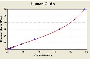 Diagramm of the ELISA kit to detect Human OLAbwith the optical density on the x-axis and the concentration on the y-axis. (Anti-Oxidized Low Density Lipoprotein Antibody (oxLDL Ab) ELISA Kit)