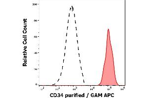 Separation of human CD45dim CD34 positive stem cells (red-filled) from human lymphocytes (black-dashed) in flow cytometry analysis (surface staining) of peripheral whole blood stained using anti-human CD34 (QBEnd-10) purified antibody (concentration in sample 0,6 μg/mL, GAM APC). (CD34 Antikörper)