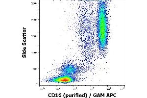 Flow cytometry surface staining pattern of human peripheral blood stained using anti-human CD16 (MEM-154) purified antibody (concentration in sample 2 μg/mL) GAM APC. (CD16 Antikörper)
