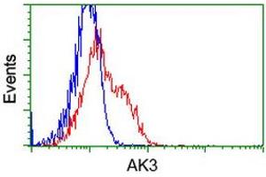 HEK293T cells transfected with either RC204408 overexpress plasmid (Red) or empty vector control plasmid (Blue) were immunostained by anti-AK3 antibody (ABIN2452718), and then analyzed by flow cytometry.