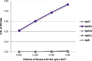 ELISA plate was coated with purified rat IgG1, IgG2a, IgG2b, IgG2c, and IgM. (Maus anti-Ratte IgG2a Antikörper (Biotin))