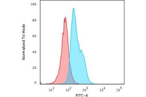 Flow Cytometric Analysis of human Jurkat cells using CD34 Mouse Monoclonal Antibody (QBEnd/10) followed by Goat anti-Mouse IgG-CF488 (Blue); Isotype Control (Red). (CD34 Antikörper)