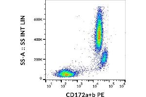 Flow cytometry analysis (surface staining) of human peripheral blood cells with anti-human CD172a/b (SE5A5) PE. (CD172a/b Antikörper (PE))