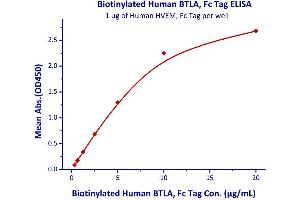 Measured by its binding ability in a functional ELISA. (BTLA Protein (AA 31-134) (Fc Tag,AVI tag,Biotin))