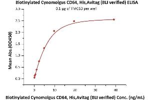 Immobilized FMC63 at 1 μg/mL (100 μL/well) can bind Biotinylated Cynomolgus CD64, His,Avitag (BLI verified) (ABIN6810049,ABIN6938894) with a linear range of 0.
