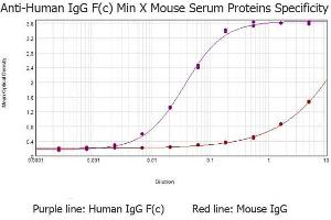 ELISA results of purified Goat anti-Human IgG F(c) antibody (min x Mouse serum proteins) tested against purified Human IgG F(c) . (Ziege anti-Human IgG (Fc Region) Antikörper - Preadsorbed)