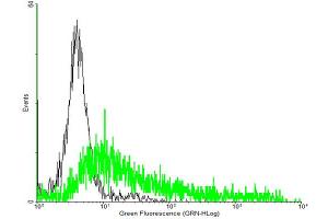 FACS analysis of negative control 293 cells (Black) and MPL expressing 293 cells (Green) using MPL purified MaxPab mouse polyclonal antibody. (MPL Antikörper  (AA 1-635))