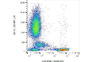 Flow cytometry analysis (surface staining) of human peripheral blood cells with anti-human CD2 (LT2) purified, GAM-APC.