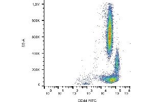 Flow cytometry analysis (surface staining) of human peripheral blood using anti-CD44 (MEM-263) FITC conjugate. (CD44 Antikörper  (FITC))