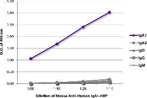 ELISA plate was coated with purified human IgA1, IgA2, IgD, IgG, and IgM. (Maus anti-Human IgA1 (Fc Region) Antikörper (HRP))