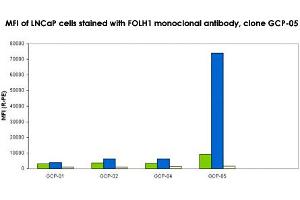 Flow cytometry analysis of FOLH1 (PSMA) by various monoclonal antibodies (GCP-01, GCP-02, GCP-04, GCP-05) on LNCaP cell line.