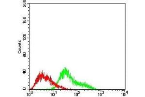 Flow cytometric analysis of Hela cells using APC mouse mAb (green) and negative control (red).