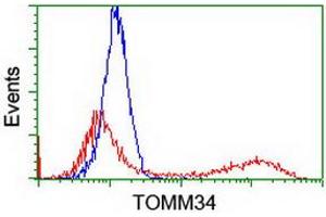 HEK293T cells transfected with either RC201083 overexpress plasmid (Red) or empty vector control plasmid (Blue) were immunostained by anti-TOMM34 antibody (ABIN2454784), and then analyzed by flow cytometry. (TOMM34 Antikörper)