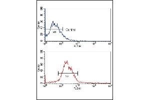 Flow cytometric analysis of MCF-7 cells using KLF4 Monoclonal Antibody (bottom histogram) compared to a negative control (top histogram).