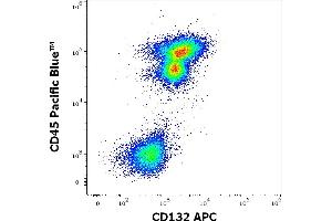 Flow cytometry multicolor surface staining pattern of human lymphocytes using anti-human CD132 (TUGh4) APC antibody (10 μL reagent / 100 μL of peripheral whole blood) and anti-human CD45 (MEM-28) Pacific Blue antibody (4 μL reagent / 100 μL of peripheral whole blood). (IL2RG Antikörper  (APC))