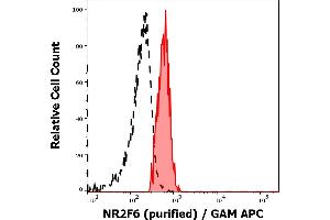 Separation of human monocytes stained using anti-NR2F6 (EM-51) purified antibody (concentration in sample 3 μg/mL, GAM APC, red-filled) from monocytes unstained by primary antibody (GAM APC, black-dashed) in flow cytometry analysis (intracellular staining). (NR2F6 Antikörper)