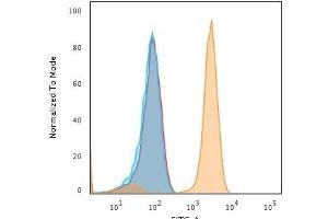 Flow Cytometric Analysis of human Jurkat cells using CD71 Mouse Monoclonal antibody (DF1513) followed by Goat anti-Mouse IgG-CF488 (Orange); cells alone (Blue); Isotype Control (Red). (Transferrin Receptor Antikörper)