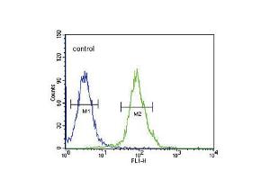 Flow cytometric analysis of 293 cells (right histogram) compared to a negative control cell (left histogram). (Tryptophan Hydroxylase 2 Antikörper  (AA 168-193))