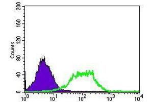 Flow cytometric analysis of HEK293 cells using GUCY1A3 mouse mAb (green) and negative control (purple).