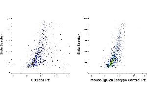 Flow cytometry surface staining patterns of KIR3DL3 (CD158z) transfected HEK-293 suspension stained using anti-human CD158z (CH21) PE antibody (concentration in sample 5 μg/mL, left) or mouse IgG2a isotype control (MOPC-173) PE antibody (concentration in sample 5 μg/mL, same as CD158z PE concentration, right). (KIR3DL3 Antikörper  (PE))