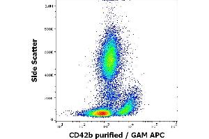 Flow cytometry surface staining pattern of human peripheral whole blood stained using anti-human CD41b (HIP2) purified antibody (concentration in sample 9 μg/mL, GAM APC).