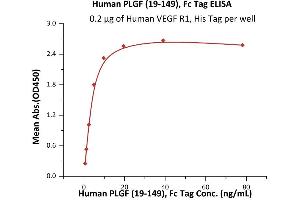 Immobilized Human VEGF R1, His Tag (ABIN2181915,ABIN2181916) at 2 μg/mL (100 μL/well) can bind Human PLGF (19-149), Fc Tag (ABIN6973194) with a linear range of 0.