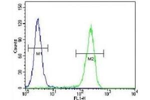 CRFR2D antibody flow cytometric analysis of HeLa cells (right histogram) compared to a negative control cell (left histogram). (CRFR2D Antikörper)