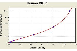 Diagramm of the ELISA kit to detect Human DKK1with the optical density on the x-axis and the concentration on the y-axis. (DKK1 ELISA Kit)
