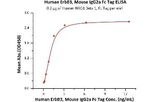 Immobilized Human NRG1 Beta 1, Fc Tag (ABIN6973185) at 2 μg/mL (100 μL/well) can bind Human ErbB3, Mouse IgG2a Fc Tag (ABIN6933653,ABIN6938840) with a linear range of 0.