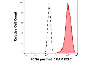 Separation of K562 cells stained using anti-PCNA (PC10) purified antibody (concentration in sample 4 μg/mL, GAM FITC, red-filled) from K562 cells unstained by primary antibody (GAM FITC, black-dashed) in flow cytometry analysis (intracellular staining). (PCNA Antikörper)