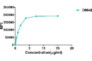Flow cytometry data of serially titrated Rabbit anti-ACE2 monoclonal antibody (clone: DM48) on Expi 293 cell line transfected with human ACE2. (Rekombinanter ACE2 Antikörper  (AA 18-740))