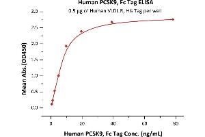 Immobilized Human VLDL R, His Tag (ABIN2181922,ABIN2181921) at 5 μg/mL (100 μL/well) can bind Human PCSK9, Fc Tag (ABIN6386430,ABIN6388267) with a linear range of 1-10 ng/mL (QC tested).