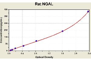 Diagramm of the ELISA kit to detect Rat NGALwith the optical density on the x-axis and the concentration on the y-axis.